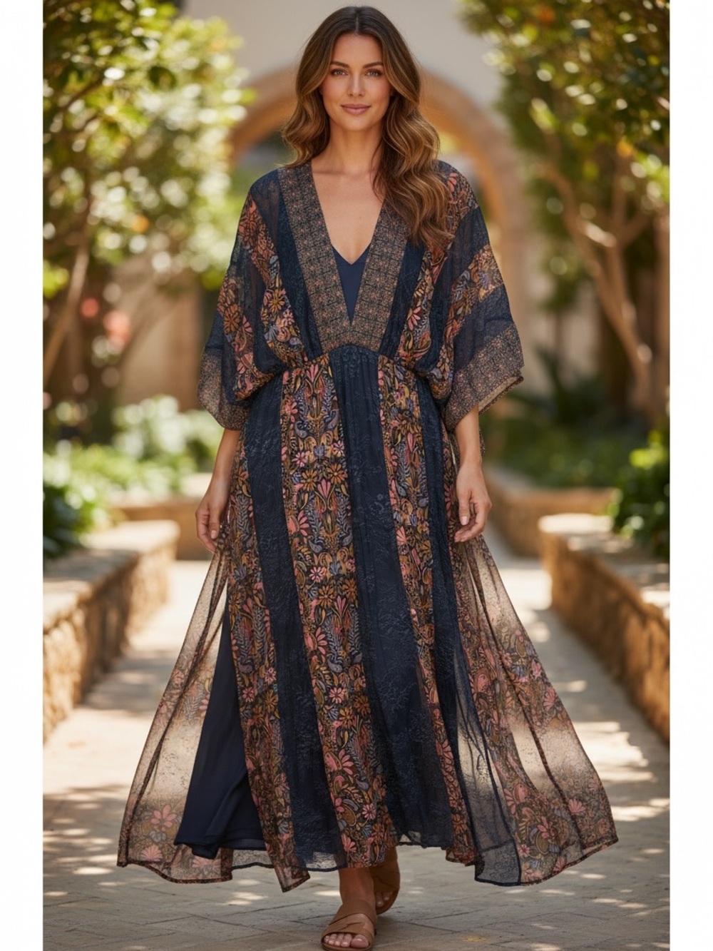 NWT Layered with Love Floral Sheer Layered Kaftan Dress One Size Boho